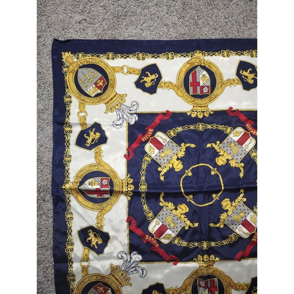 Basha Vintage Heraldic Print Scarf Hand Roll 30 in W X 30 in L Shield, Lion Gold - Picture 2 of 10